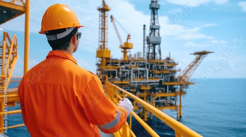 A worker in an orange uniform observes an offshore oil rig, showcasing a blend of industry and nature under a clear sky.