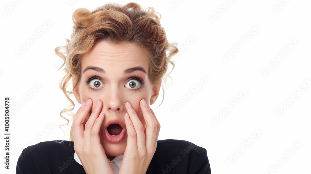 Woman with blonde hair and red lips is looking shocked. She is wearing a black dress and a white shirt Woman with blonde hair and red lips is looking shocked. She is wearing a black dress and a white shirt