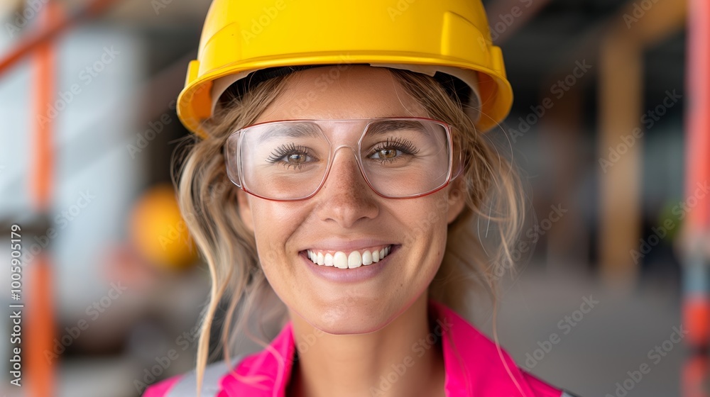 Woman wearing a yellow hard hat and safety glasses is smiling. She is wearing a pink shirt and is standing in front of a building Woman wearing a yellow hard hat and safety glasses is smiling. She is wearing a pink shirt and is standing in front of a building