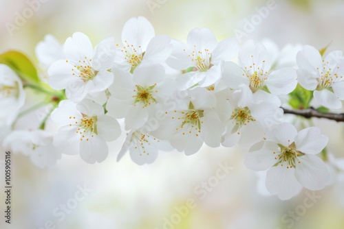 Delicate white cherry flowers on a gentle background in the spring season