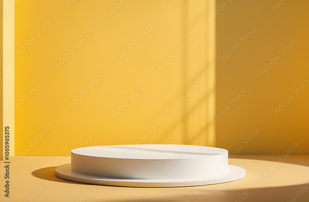 A round white podium on an abstract pastel yellow background. Geometric empty scene for the product presentation. Shadows on the wall. Showcase, display case. A round white podium on an abstract pastel yellow background. Geometric empty scene for the product presentation. Shadows on the wall. Showcase, display case.