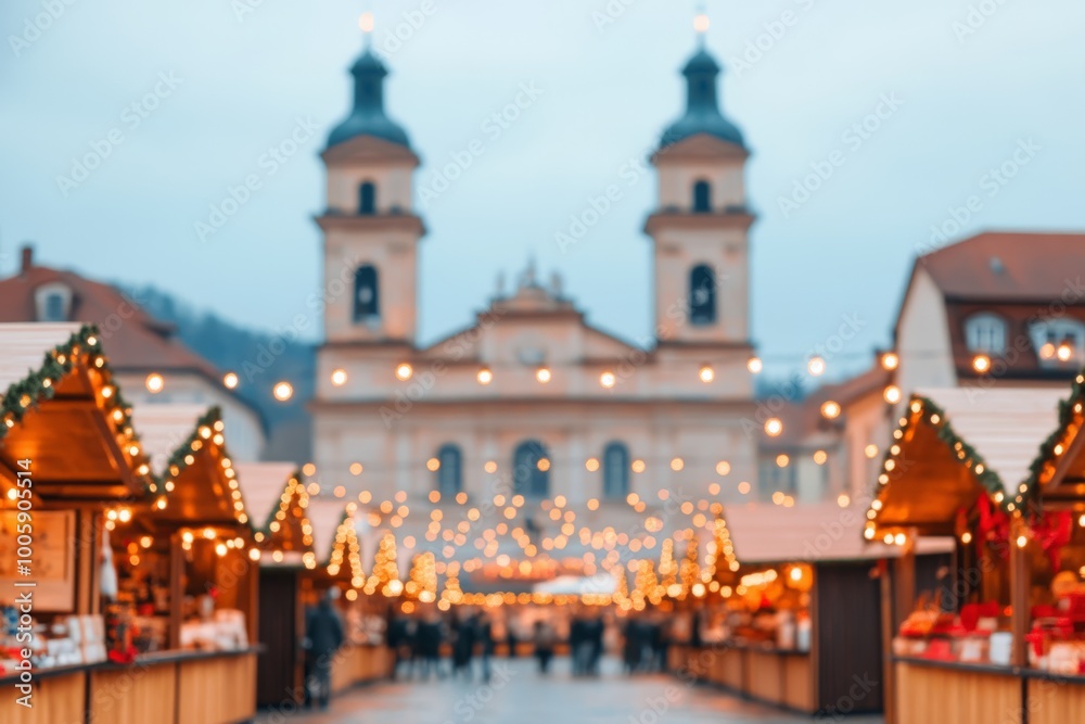 Obraz premium Blurred Christmas market with twinkling lights, festive stalls, and a historical building in the background.