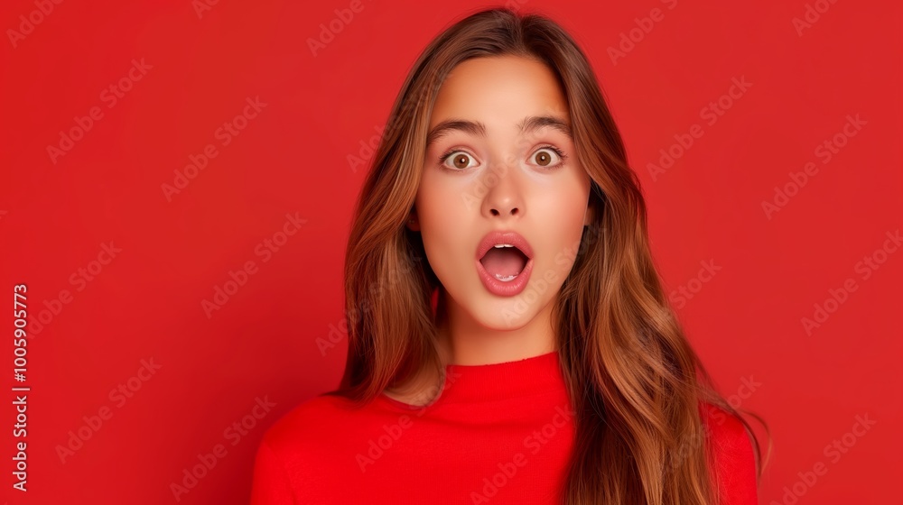 Woman with brown hair and red hair is looking at the camera with an open mouth. The red background adds to the dramatic effect of the scene Woman with brown hair and red hair is looking at the camera with an open mouth. The red background adds to the dramatic effect of the scene