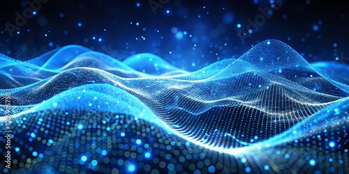 Abstract Blue Particle Waves Creating a Dynamic Digital Landscape for Futuristic Technology and Design Visuals