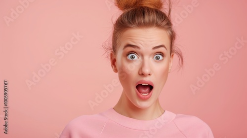 Young woman with red hair and pink shirt is looking surprised. She has her mouth open and her eyes wide