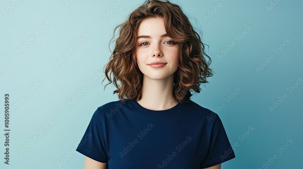 A young woman with curly hair stands confidently against a blue background, showcasing her natural beauty and relaxed style.