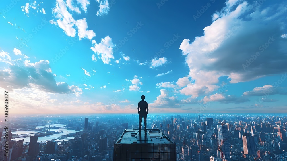 Fototapeta premium A businessman stands on the roof of a skyscraper, overlooking the cityscape with a blue sky and white clouds
