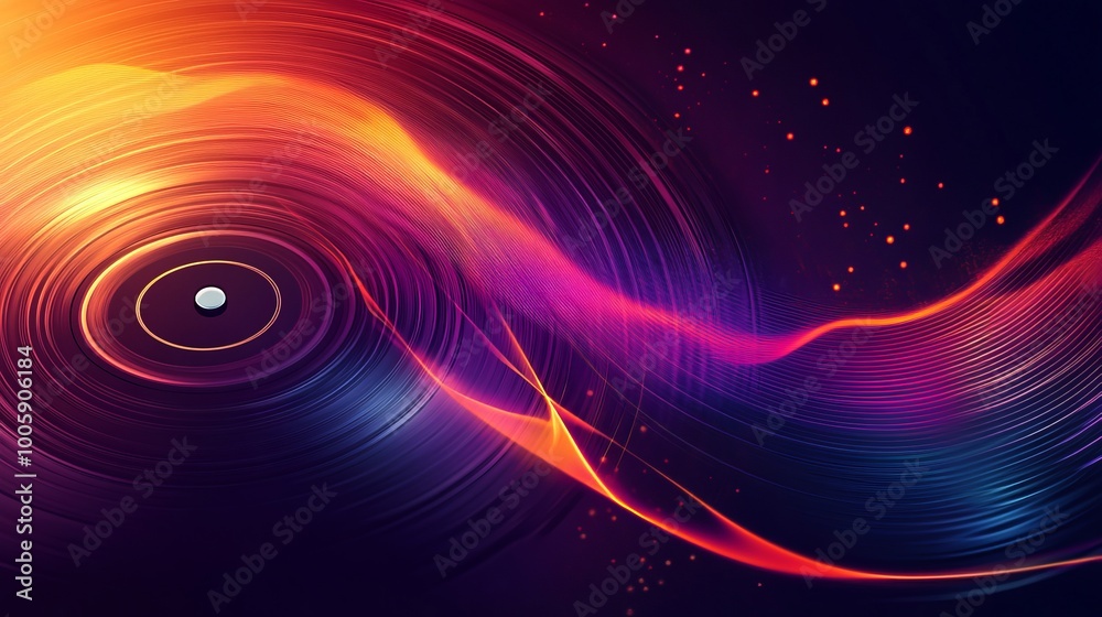 Obraz premium Spinning vinyl record with bright light waves on a dark background.