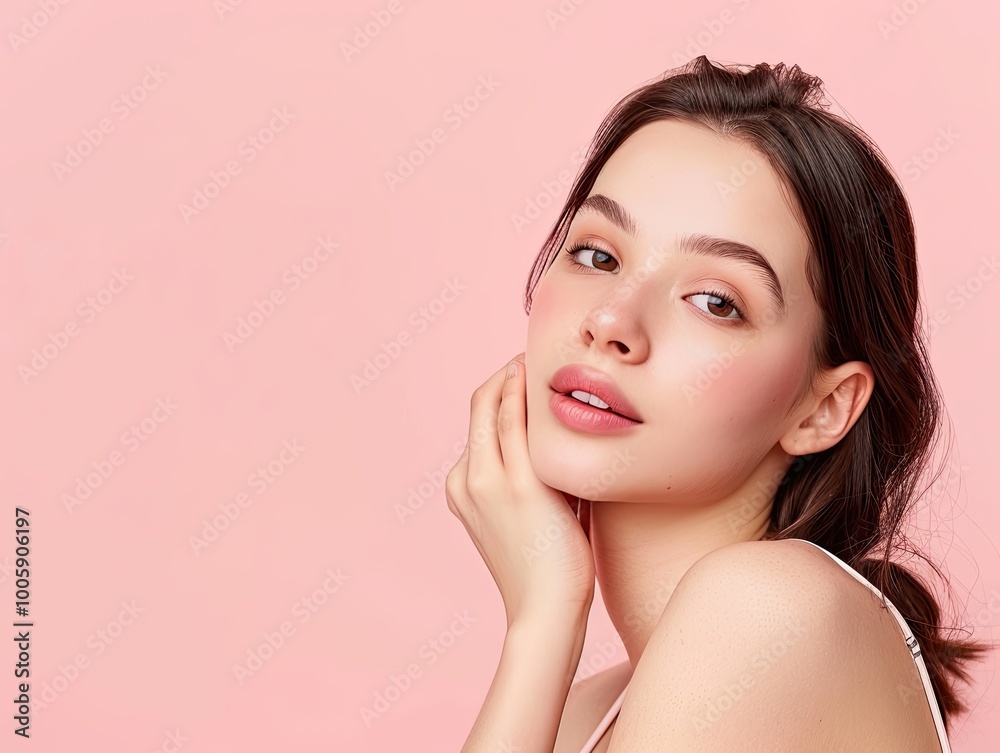 A young woman with natural makeup poses gracefully against a soft pink backdrop, showcasing beauty and elegance. A young woman with natural makeup poses gracefully against a soft pink backdrop, showcasing beauty and elegance.