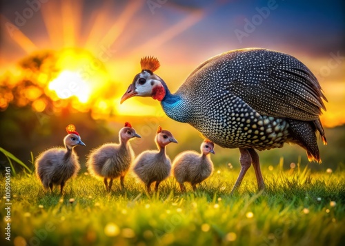 Adorable Guineafowl Keets Feeding with Parents in a Serene Grass Meadow at Sunset, Nature's Beauty Captured in Close-Up photo