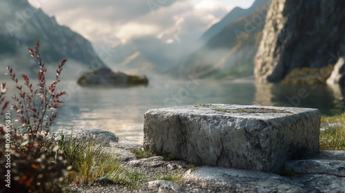 Stone rock podium with a view of grand mountain background, river, lake. Product display presentation, advertising, mockup, showcasing.	
