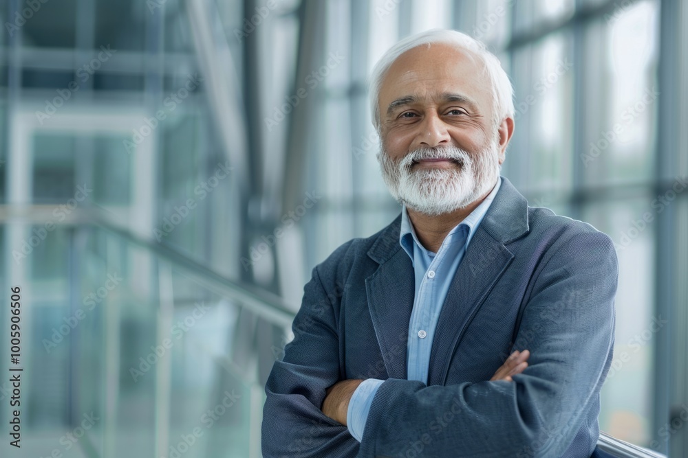 Portrait of successful senior Punjabi businessman consultant looking at camera and smiling inside modern office building , background blur Portrait of successful senior Punjabi businessman consultant looking at camera and smiling inside modern office building , background blur