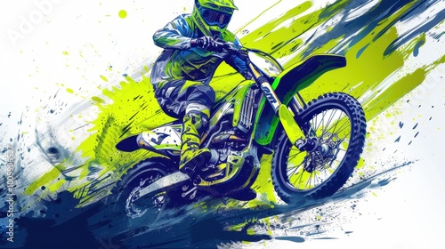 A motorcycle racer participates in motocross. A motorcycle racer creates a huge cloud of dust on a white abstract background. Illustration photo