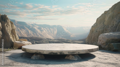 Stone rock podium with a view of grand mountain background. Product display presentation, advertising, mockup, showcasing.	
