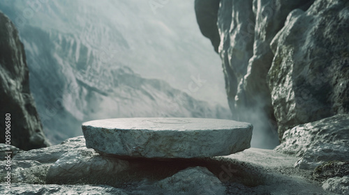Stone rock podium with a view of grand mountain background. Product display presentation, advertising, mockup, showcasing.	
