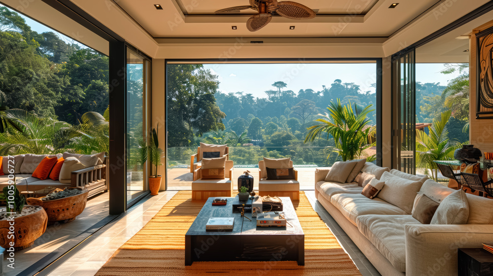 Fototapeta premium Beautiful interior of a modern villa, view from veranda