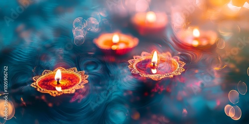 Double exposure of Diwali diyas with abstract background