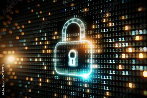 Glowing Blue Binary Code with Encryption Keys on Screen