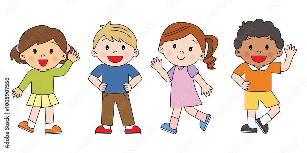 Children waving hands saying hello to friends happy and smiling in different races cute kawaii illustration japanese cartoon style drawing decorative isolated vector line Children waving hands saying hello to friends happy and smiling in different races cute kawaii illustration japanese cartoon style drawing decorative isolated vector line
