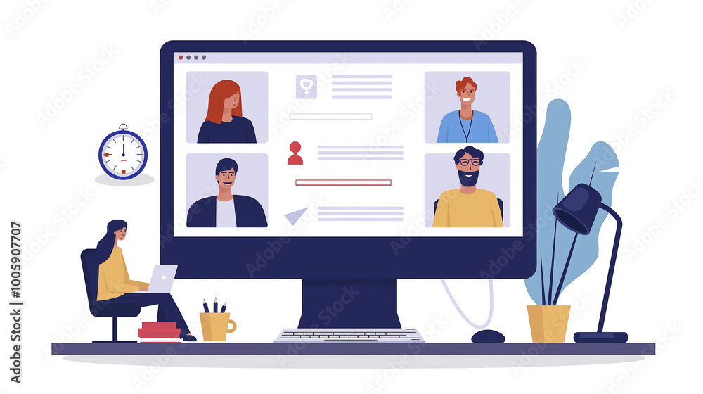 Online meeting, video conference with diverse group of people on monitor screen. Woman chatting online. Work or study remotely.
Online meeting, video conference with diverse group of people on monitor screen. Woman chatting online. Work or study remotely.