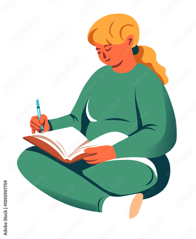 Girl writing in a notebook illustration Girl writing in a notebook illustration