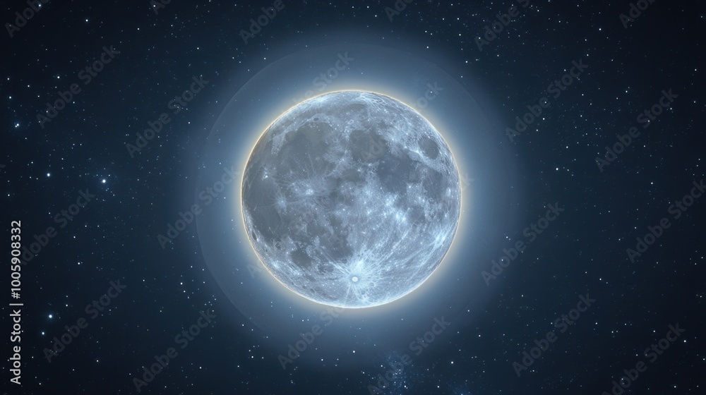 The Moon surrounded by a halo, glowing brightly in a clear night sky, creating an enchanting and mystical atmosphere The Moon surrounded by a halo, glowing brightly in a clear night sky, creating an enchanting and mystical atmosphere