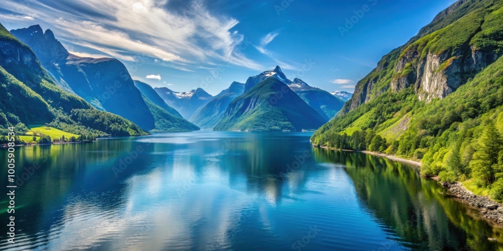 Fototapeta premium Norwegian fjord landscape under a blue sky, with lush greenery and calm waters, Norway, Geiranger Fjord, Scandinavian