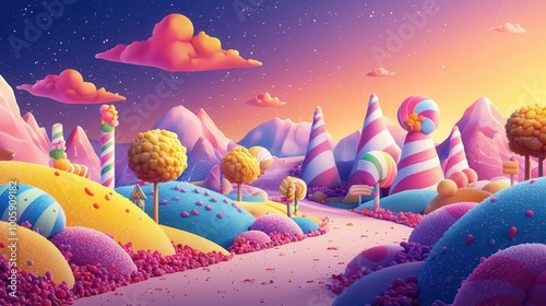 Generate a bright and playful illustration of imaginary candy land with oversaturated colors photo