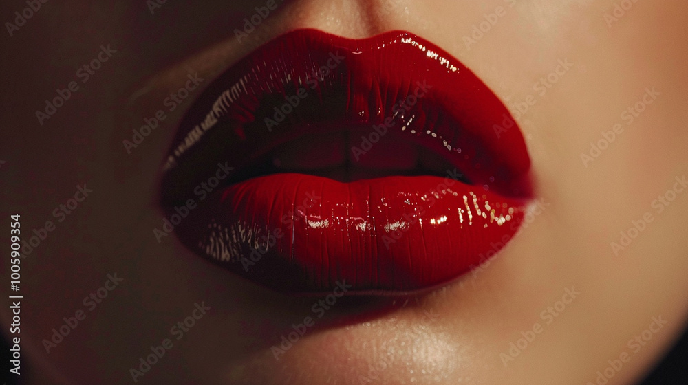 Obraz premium A close-up of a perfectly applied bold red lipstick, emphasizing the glossy texture on smooth lips.