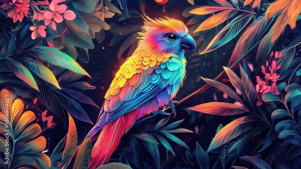 Fototapeta premium Generate a colorful digital illustration of a tropical bird with iridescent feathers in a lush jungle setting