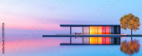 Glass and steel modern villa on a lake, with reflections of the water, minimalist architecture, sunrise lighting, soft pastel colors