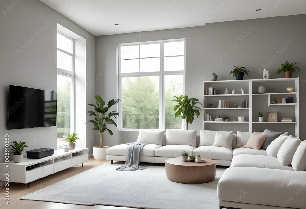 Fototapeta premium A modern living room with a large white sectional sofa, a minimalist TV stand, and a potted plant on the floor. The room has large windows and a gray accent wall with shelves and decor