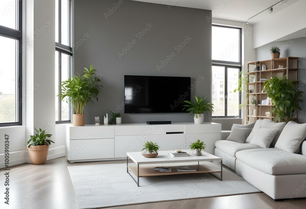 Fototapeta premium A modern living room with a large white sectional sofa, a minimalist TV stand, and a potted plant on the floor. The room has large windows and a gray accent wall with shelves and decor