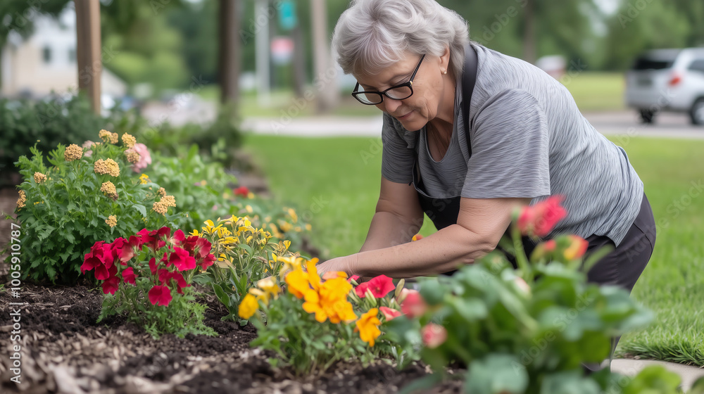 An elderly woman tending to her flower bed in the community garden, surrounded by vibrant flowers and lush greenery. An elderly woman tending to her flower bed in the community garden, surrounded by vibrant flowers and lush greenery.