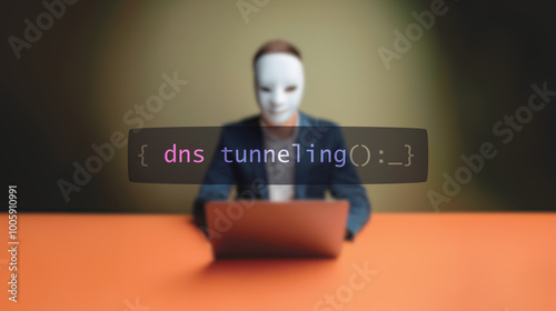Cybersecurity concept dns tunneling on foreground screen, hacker silhouette hidden with low poly style mask. Vulnerability and attack on colored code editor. Text in English, English text