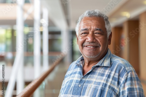 Portrait of successful senior Torres Strait Islander businessman consultant looking at camera and smiling inside modern office building , background blur