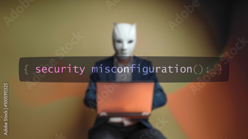 Cybersecurity concept security misconfiguration on foreground screen, hacker silhouette hidden with low poly style mask. Vulnerability and attack on colored code editor. Text in English, English text photo