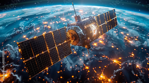 telecom communication satellite orbiting around the globe earth with futuristic technology