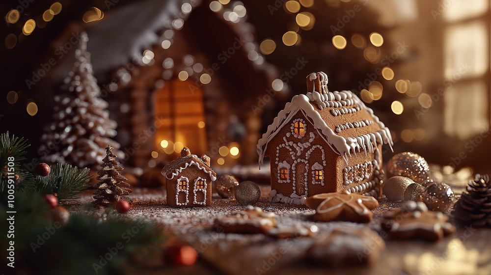 Festive Gingerbread House Display with Christmas Cookies Festive Gingerbread House Display with Christmas Cookies