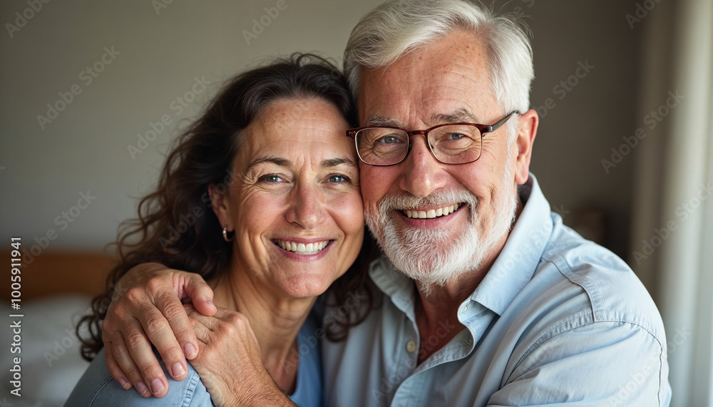 Portrait, bedroom and old couple with smile, hug and bonding together with anniversary, care and home. Face, senior man and mature woman with embrace Portrait, bedroom and old couple with smile, hug and bonding together with anniversary, care and home. Face, senior man and mature woman with embrace