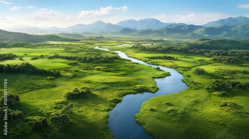 Obraz premium Breathtaking landscape featuring lush greenery, a winding river, and majestic mountains under a clear blue sky.
