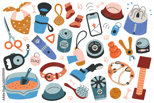 Vector illustration set of pet accessories and supply in flat cartoon style. Collars, leashes, grooming tools, bowls for cats and dogs. Toys for puppies. Pet care, animal products collection