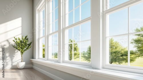 Bright and airy interior featuring large windows, natural light, and a green plant, creating a refreshing home atmosphere.