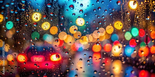 Rain drops on window surface with colorful traffic bokeh light in background, rain, drops, window, surface, colorful, traffic