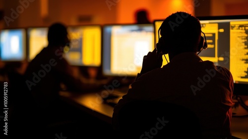 Dimly Lit Call Center with Scammer Background