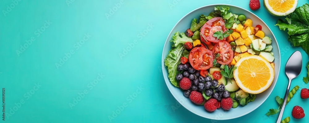Fresh and colorful salad bowl featuring vibrant fruits and vegetables on a turquoise background, perfect for healthy eating. Fresh and colorful salad bowl featuring vibrant fruits and vegetables on a turquoise background, perfect for healthy eating.