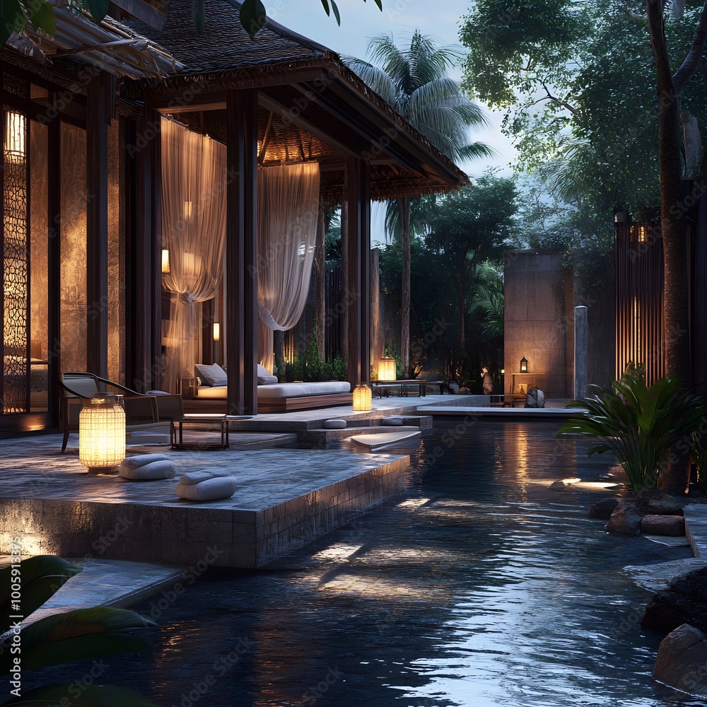 Fototapeta premium Luxury, relaxing Thai style hotel, Thai massage, outdoor spa on a tropical island in Southeast Asia.