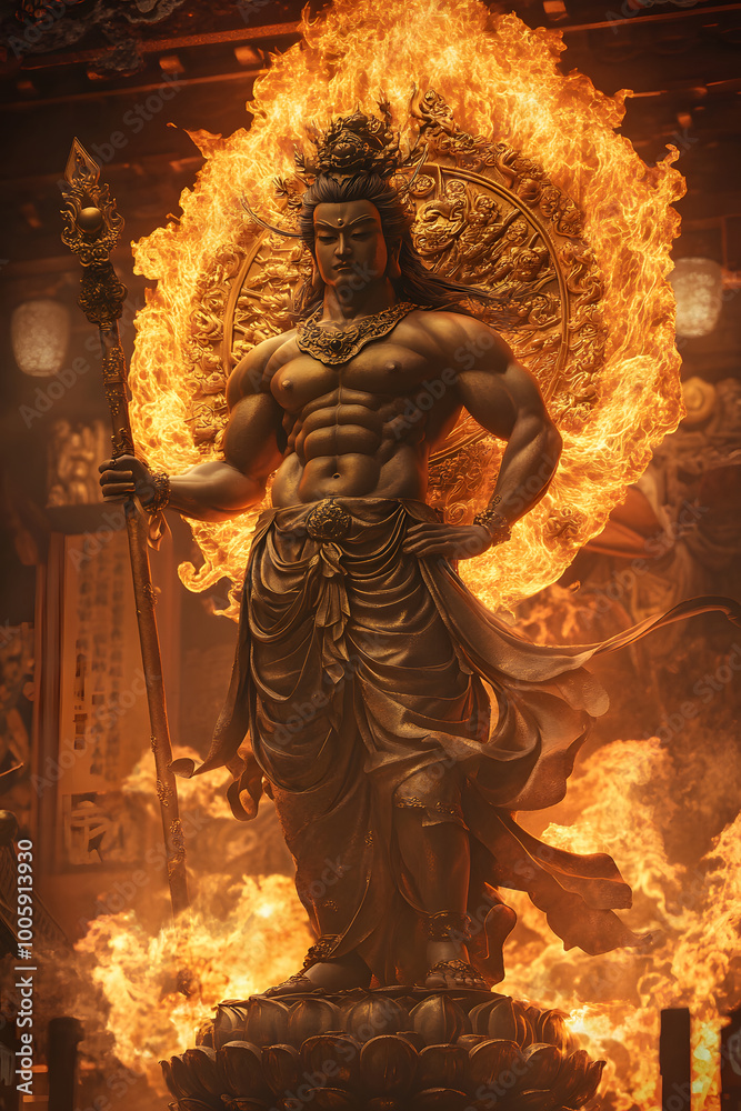 Fototapeta premium 火の神のイラスト。強大な炎に包まれた神話的存在の力強い表現