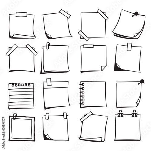 Set of sticky notes in vector illustration with doodle line art style. Isolated and easy to use, perfect for creative design projects and planners.