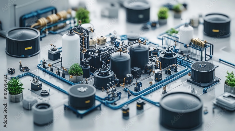 Miniature Factory with Pipes, Tanks, and Green Plants Miniature Factory with Pipes, Tanks, and Green Plants